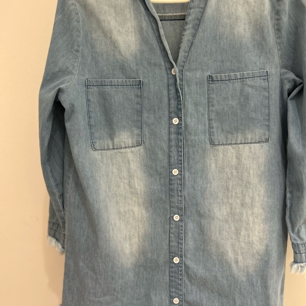 Zilcremo Light Blue Denim Shirt Dress Button Down Long Sleeve Fringe Size M - Picture 3 of 6